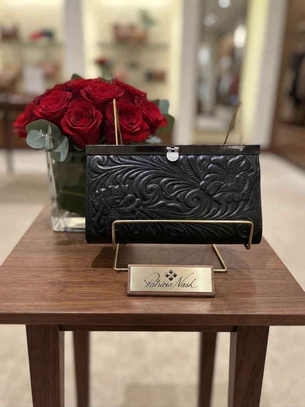 Patricia Nash Black Embossed Leather Clutch with Floral Tooling